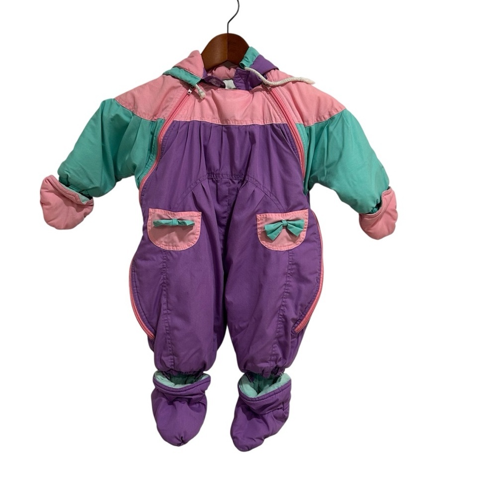Vintage 90’s Toddler Snowsuit w/ Gloves and Booties- Pink, Green, and Purple